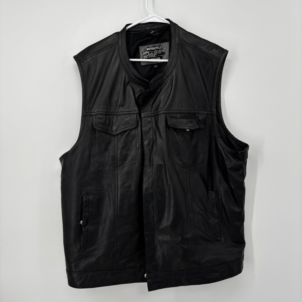 Papas Leather Black Motorcycle Vest Mens Size 3XL Snap Front Moto Biker